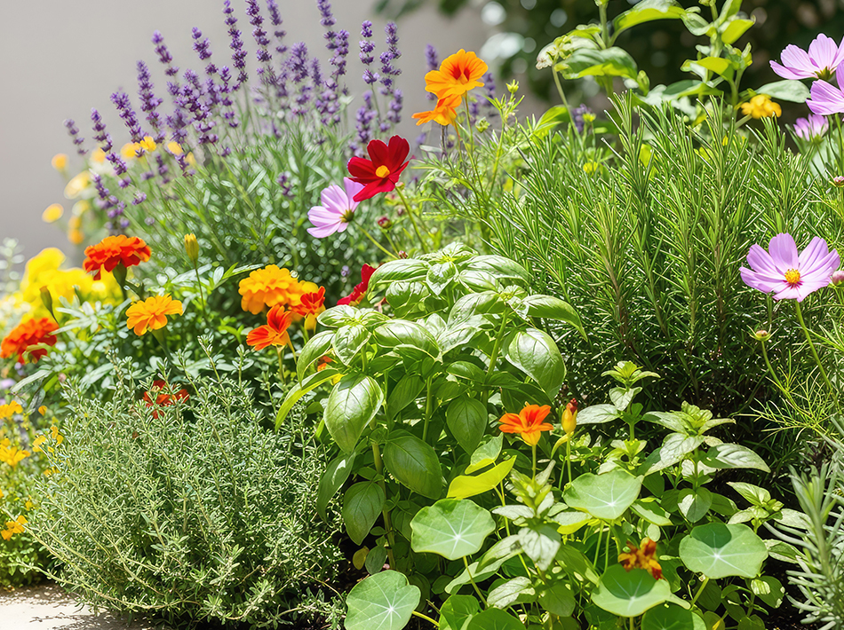 Layered planting with colorful flowers and shrubs